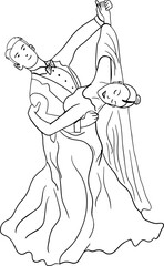 Coloring book: Couple dancing waltz. Dancing couple in evening dresses. Elegant man and woman. Vector outline illustration for coloring book for adults or kids.