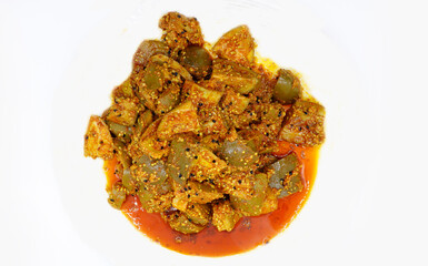 Homemade Mango Pickle or Aam ka Achar Or Kairi Loncha on white background