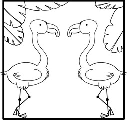 Vector illustration of two cartoon flamingo in a frame. Cute flamingo character, hand drawn vector illustration. Coloring book for children. Exotic plants, birds.Summer beach design. Paradise nature