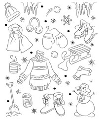 Obraz premium Sticker set with cute snowmen, hat, scarf and other winter objects. Christmas and New Year design. Flat cartoon style