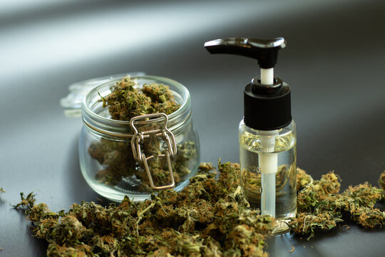 CBD Oil With Marijuana Buds On Black Background. THC Medical Use, Cannabis Retail Set Concept