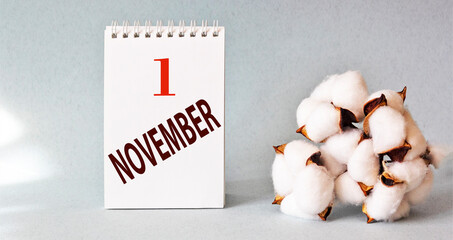 November 1 on the calendar next to a branch of cotton on a light table. One day of the autumn month. Calendar for November. Fall.