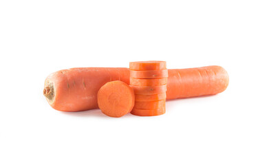 Fresh large red carrot with some slices on white background.