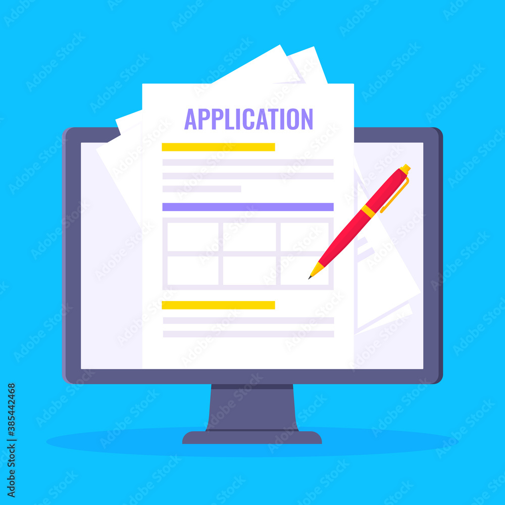Poster online application form to fill popped above the computer monitor screen icon vector illustration. t