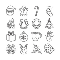 Line art style Christmas icon collection set. Holiday winter logo. Cute vector isolated on white.