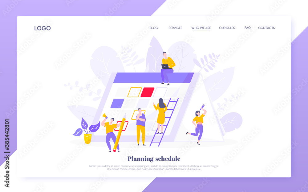 Poster calendar planning schedule business concept vector illustration. tiny people with large pencil, magn