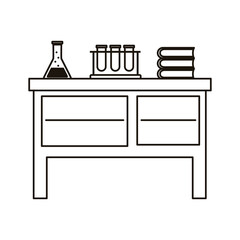 medical tube tests flasks and books in laboratory desk line style icon
