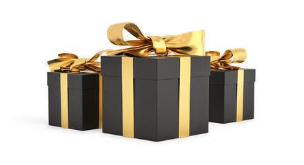 Christmas gifts black boxes tied with gold ribbon. Birthday gift with love. Happy celebration present. 3D rendering