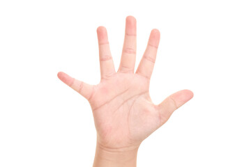 Boy's hand shown five finger symbol on isolated white background for graphic designer.