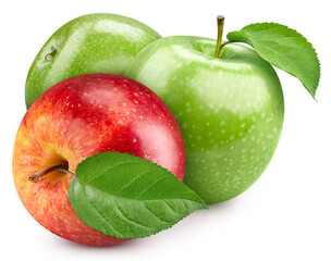 Red and green apples with leaves