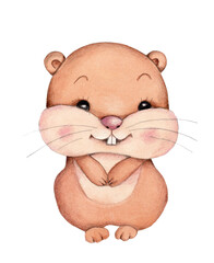 Fototapeta premium Cute cartoon marmot groundhog. Watercolor illustration, icon.