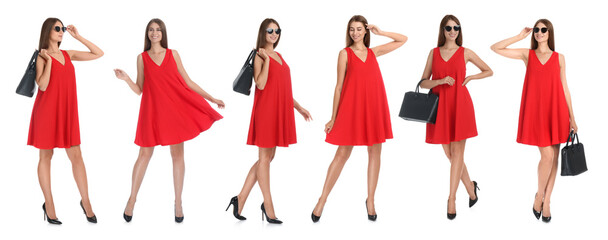 Collage with photos of woman in red dress on white background. Banner design