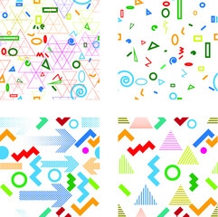 Hipster fashion .Trendy seamless pattern in Memphis style and with different shapes i. Jumble design . Repeating zigzag smooth lines vector background . Cool geometric texture .