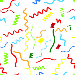 Hipster fashion .Trendy seamless pattern in Memphis style and with different shapes i. Jumble design . Repeating zigzag smooth lines vector background . Cool geometric texture .