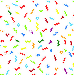Hipster fashion .Trendy seamless pattern in Memphis style and with different shapes i. Jumble design . Repeating zigzag smooth lines vector background . Cool geometric texture .