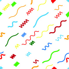 Hipster fashion .Trendy seamless pattern in Memphis style and with different shapes i. Jumble design . Repeating zigzag smooth lines vector background . Cool geometric texture .