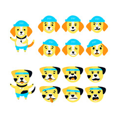 Obraz premium Set of cute Bulldog and Beagle emotions. A dog can be different happy, sad and kind. Sports accessories bone, bandage, hat and pants. Flat cartoon vector illustration.