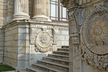 Exterior Neoclassical architecture and royal facade building design of 'Dolmabahce imperial palace' located along the European shore of the Bosphorus Strait- Besiktas, Turkey