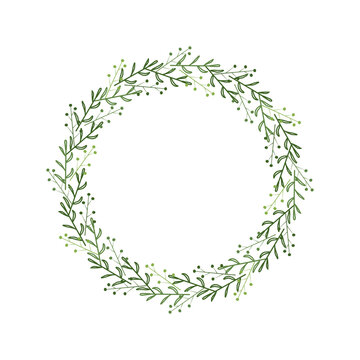 Wreath of green branches, leaves, berries. Elegant border in linear style. Design template for decoration, logo, invitation. Hand drawn doodle frame. Vector illustration isolated on white background
