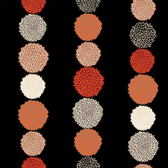 Vector pom pom bobble seamless pattern, trendy color, fall 2020, grey, orange, black, almond, wine red. Hanging strings.