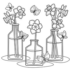 Coloring antistress page for adults 
and children. Daffodils in water bottles surrounded by butterflies