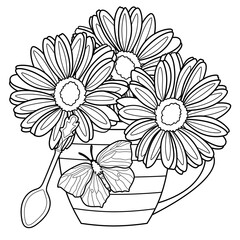 Coloring antistress page for adults and children. Gerbera flowers in a mug with a butterfly and a spoon