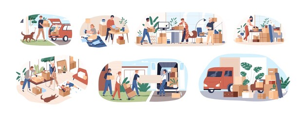 Set of people moving or leaving their homes and offices. Family couples pack belongings and relocating to new apartments. Transportation service. Flat vector cartoon illustration isolated on white
