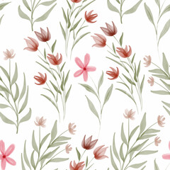 Watercolor seamless pattern with pink floral and leaf
