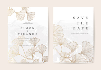 Luxury wedding invite cards with Gold Ginkgo texture line arts. Save the date Card vector design template.