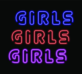 Neon lights girls sign illustration. Vector multicolor laser repeat text. Night club and bar banner. 10 eps. For design, illustration, poster, advertising banner etc.