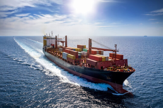 Aerial view of aloaded container cargo vessel traveling with high speed over blue sea