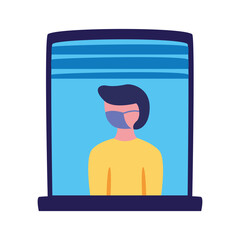 man wearing medical mask in house window character