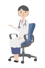 椅子に座って説明している老練な女性医師
