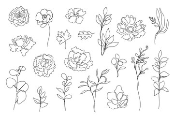 Vector set of hand drawn, single continuous line flowers, leaves. Art floral elements. Use for t-shirt prints, logos, cosmetics
