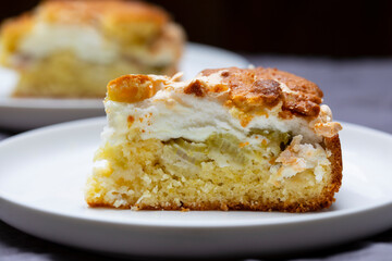 Rhubarb and meringue cake slice