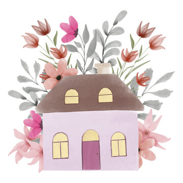 Hand painted cute home illustration watercolor flower