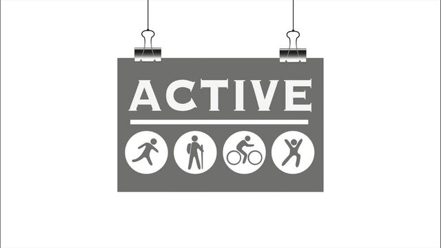 Activity icons set with ACTIVE word banner hanging on clamps