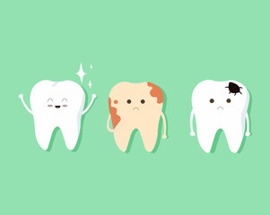 Tooth decay. Cute cartoon teeth characters vector. Dental care background. Healthy and unhealthy tooth.