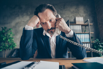 Close-up portrait of his he nice attractive devastated hopeless man insurance sales agent...