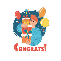 Vector colorful illustration on the theme of gift giving, celebration, greetings, surprise, congratulations, birthday, holiday. Young man holding a lot of presents. Cartoon background