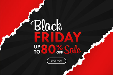 Obraz premium Black light rays torn paper background with BlackFriday text for weekend promotion.