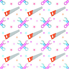 Seamless pattern with tool and saw , Vector texture illustration.