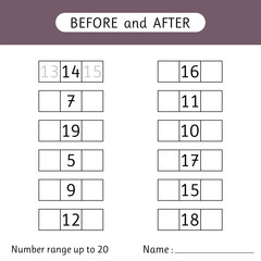 Fill in the missing numbers. Before and after. Number range up to 20. Mathematics. Worksheets for kids