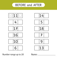 Fill in the missing numbers. Before and after. Number range up to 20. Worksheets for kids. Mathematic