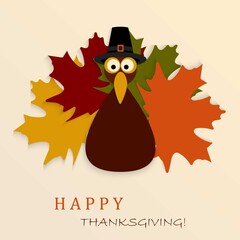 Happy Thanksgiving Card with Thanksgiving Turkey and autumn leave