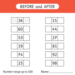 Fill in the missing numbers. Before and after. Number range up to 100. Mathematics. Worksheets for kids