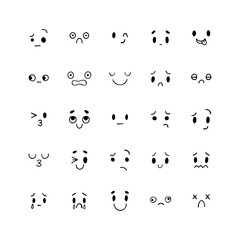 Hand drawn funny smiley faces. Sketched facial expressions set. Collection of cartoon emotional characters. Happy kawaii style. Emoji icons