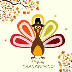 Happy Thanksgiving Card with Thanksgiving Turkey and autumn leave.