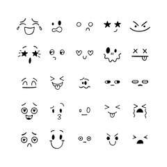 Hand drawn funny smiley faces. Sketched facial expressions set. Happy kawaii style. Emoji icons. Collection of cartoon emotional characters