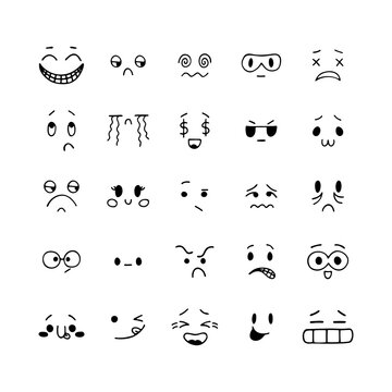 Hand drawn funny smiley faces. Sketched facial expressions set. Emoji icons. Collection of cartoon emotional characters. Happy kawaii style